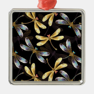 Seamless Pattern with Golden Dragonflies Metal Tree Decoration