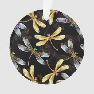 Seamless Pattern with Golden Dragonflies Ornament