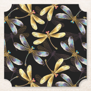 Seamless Pattern with Golden Dragonflies Paper Coaster