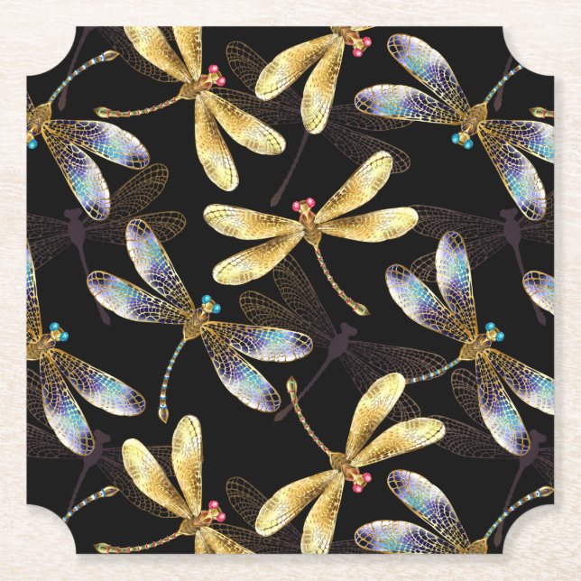 Seamless Pattern with Golden Dragonflies Paper Coaster (Front)