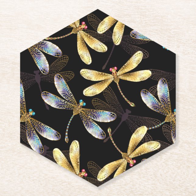 Seamless Pattern with Golden Dragonflies Paper Coaster (Front)