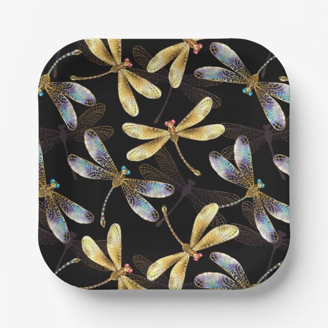 Seamless Pattern with Golden Dragonflies Paper Plate (Front)