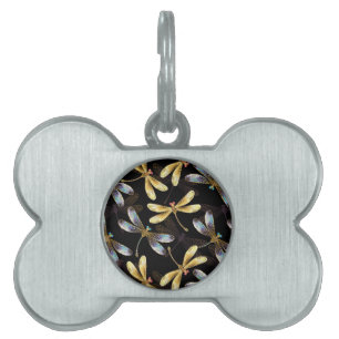 Seamless Pattern with Golden Dragonflies Pet ID Tag