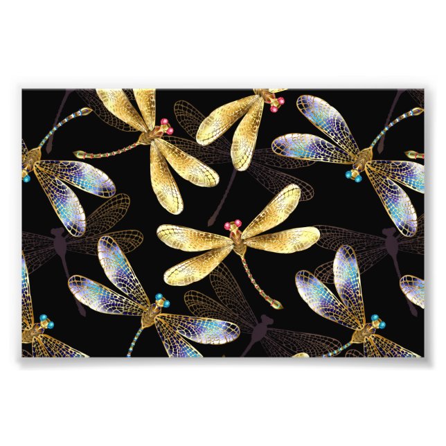 Seamless Pattern with Golden Dragonflies Photo Print (Front)