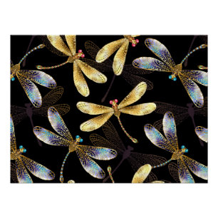 Seamless Pattern with Golden Dragonflies Poster