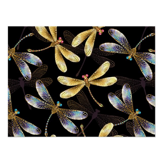 Seamless Pattern with Golden Dragonflies Poster (Front)