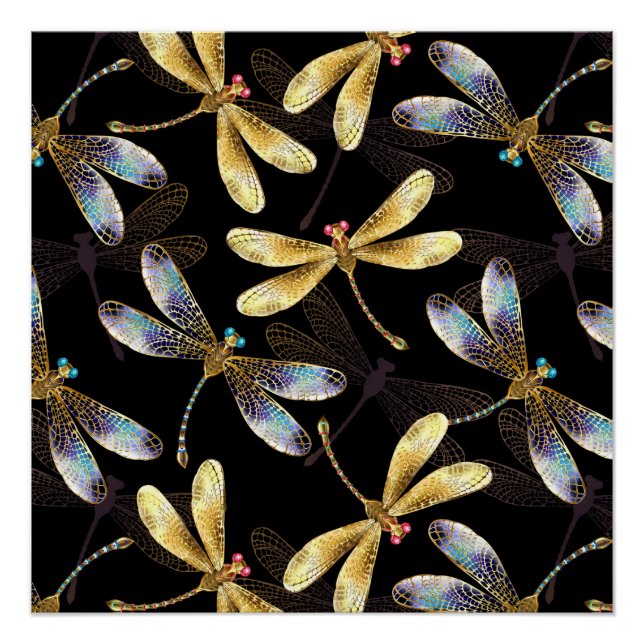 Seamless Pattern with Golden Dragonflies Poster (Front)