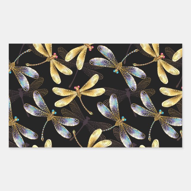 Seamless Pattern with Golden Dragonflies Rectangular Sticker (Front)