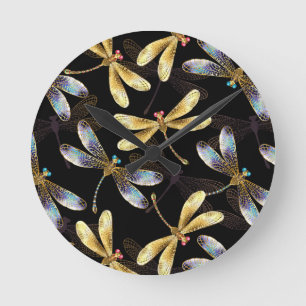 Seamless Pattern with Golden Dragonflies Round Clock