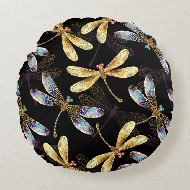Seamless Pattern with Golden Dragonflies Round Cushion (Front)