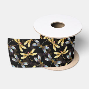 Seamless Pattern with Golden Dragonflies Satin Ribbon
