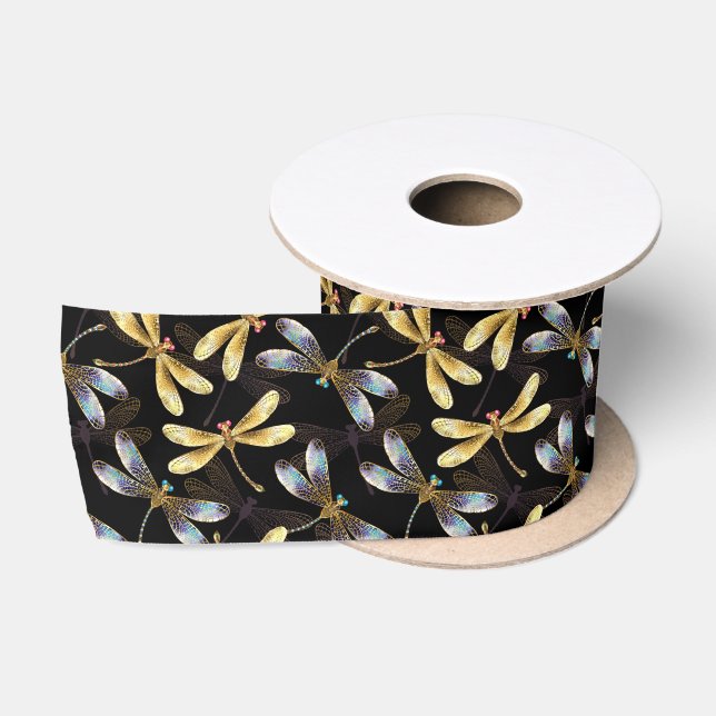 Seamless Pattern with Golden Dragonflies Satin Ribbon (Spool)