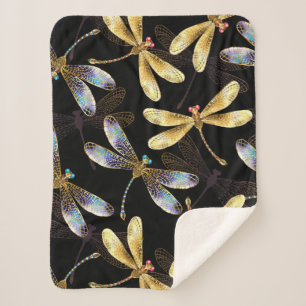 Seamless Pattern with Golden Dragonflies Sherpa Blanket