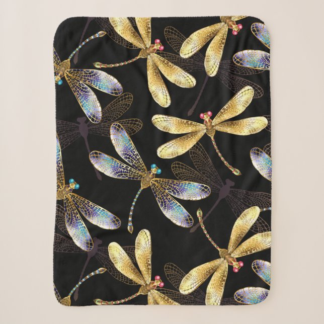 Seamless Pattern with Golden Dragonflies Sherpa Blanket (Front)