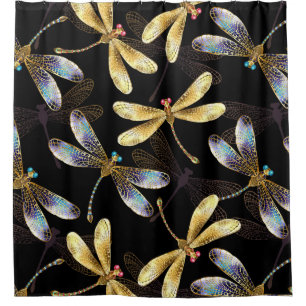 Seamless Pattern with Golden Dragonflies Shower Curtain