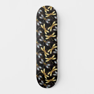 Seamless Pattern with Golden Dragonflies Skateboard