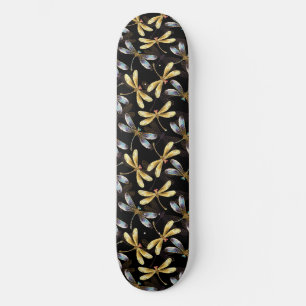Seamless Pattern with Golden Dragonflies Skateboard