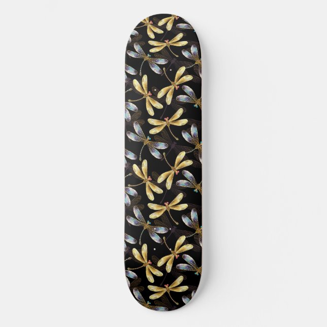 Seamless Pattern with Golden Dragonflies Skateboard (Front)