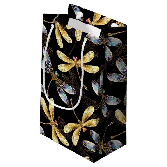 Seamless Pattern with Golden Dragonflies Small Gift Bag (Back Angled)