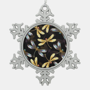 Seamless Pattern with Golden Dragonflies Snowflake Pewter Christmas Ornament