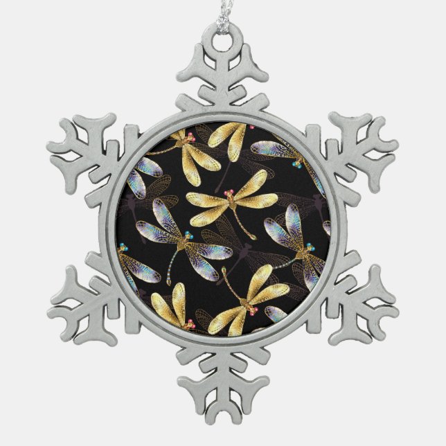Seamless Pattern with Golden Dragonflies Snowflake Pewter Christmas Ornament (Front)