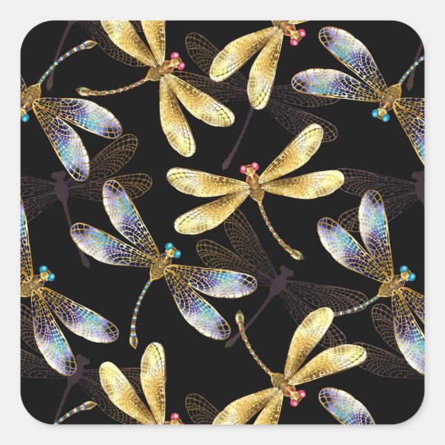 Seamless Pattern with Golden Dragonflies Square Sticker (Front)