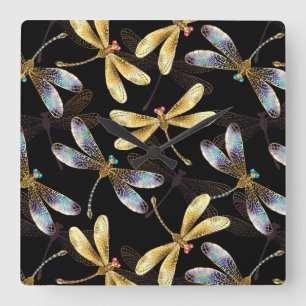 Seamless Pattern with Golden Dragonflies Square Wall Clock