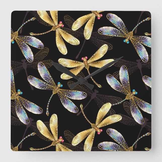 Seamless Pattern with Golden Dragonflies Square Wall Clock (Front)