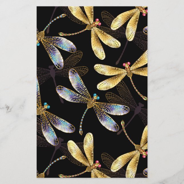 Seamless Pattern with Golden Dragonflies Stationery (Front)