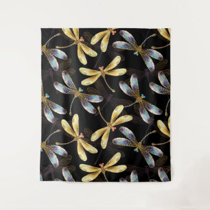 Seamless Pattern with Golden Dragonflies Tapestry
