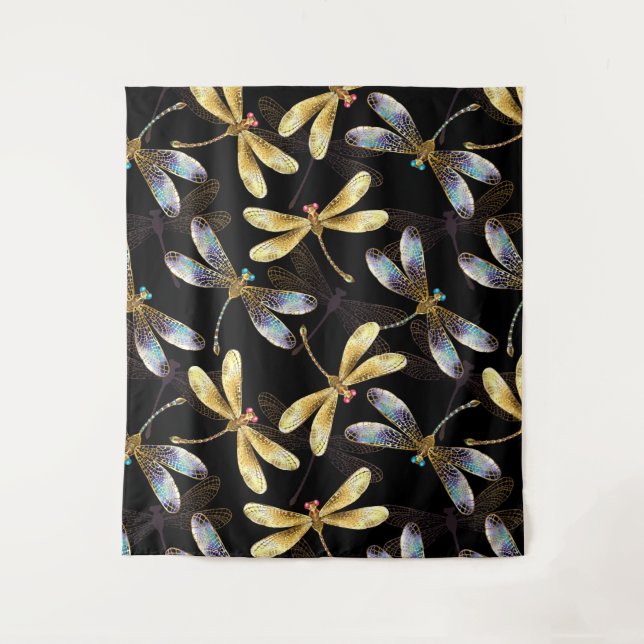 Seamless Pattern with Golden Dragonflies Tapestry (Front)