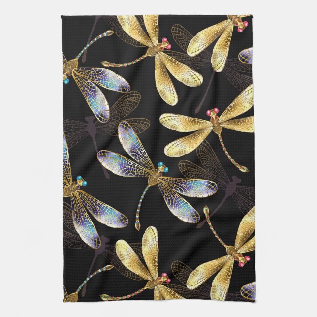 Seamless Pattern with Golden Dragonflies Tea Towel (Vertical)