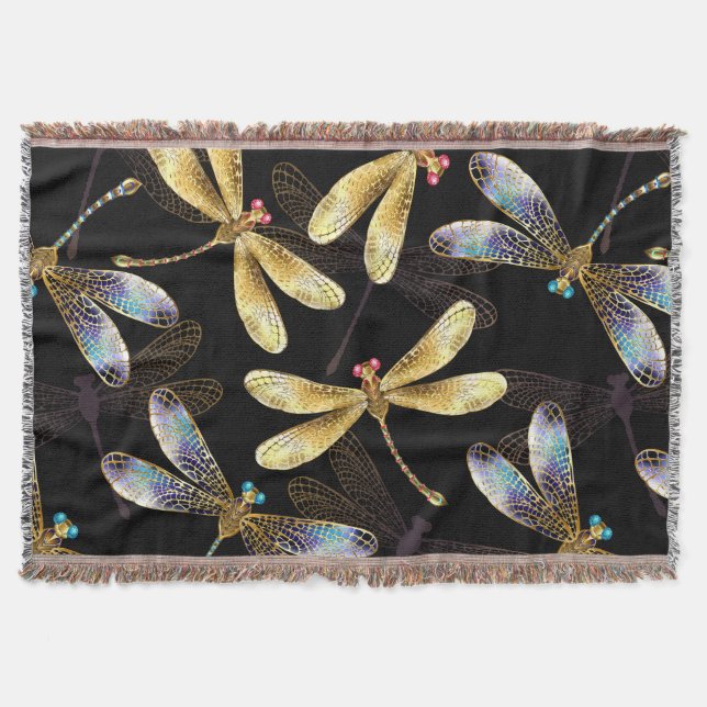 Seamless Pattern with Golden Dragonflies Throw Blanket (Front)