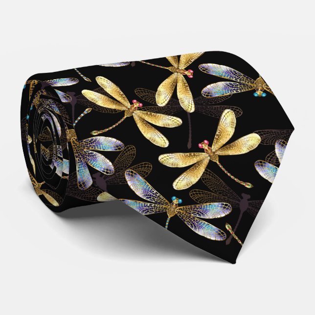 Seamless Pattern with Golden Dragonflies Tie (Rolled)