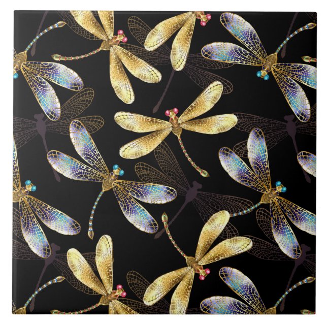 Seamless Pattern with Golden Dragonflies Tile (Front)