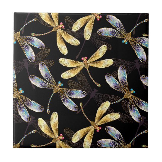 Seamless Pattern with Golden Dragonflies Tile (Front)