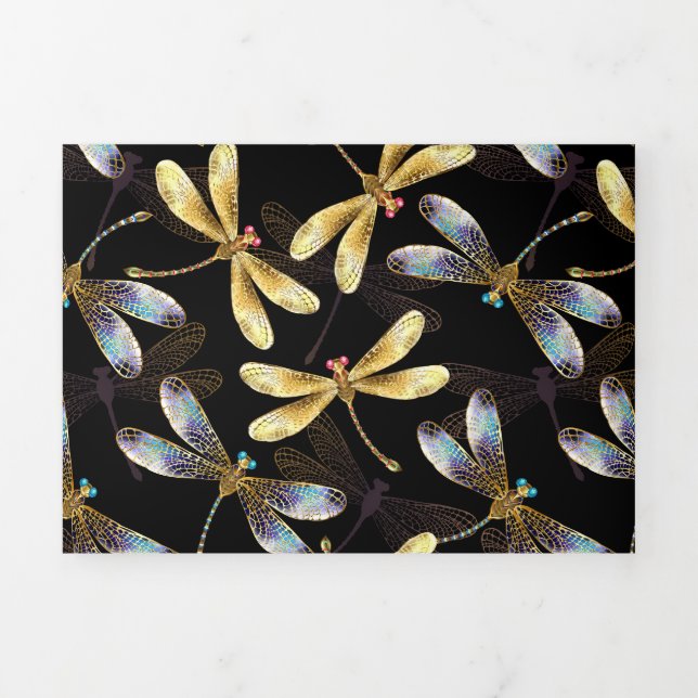 Seamless Pattern with Golden Dragonflies Tri-Fold Holiday Card (Cover)