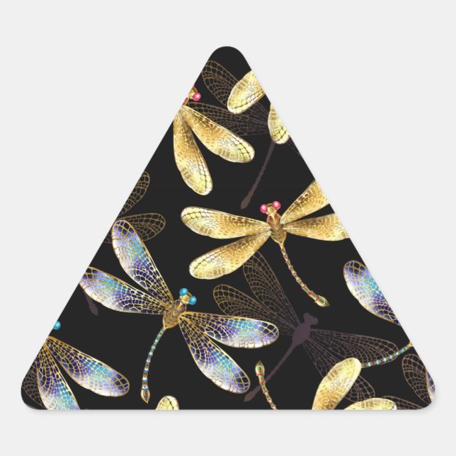 Seamless Pattern with Golden Dragonflies Triangle Sticker (Front)