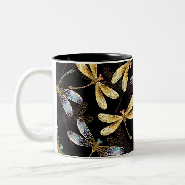 Seamless Pattern with Golden Dragonflies Two-Tone Coffee Mug (Left)