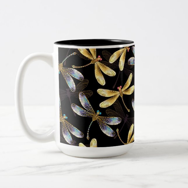 Seamless Pattern with Golden Dragonflies Two-Tone Coffee Mug (Left)