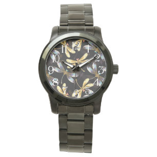 Seamless Pattern with Golden Dragonflies Watch