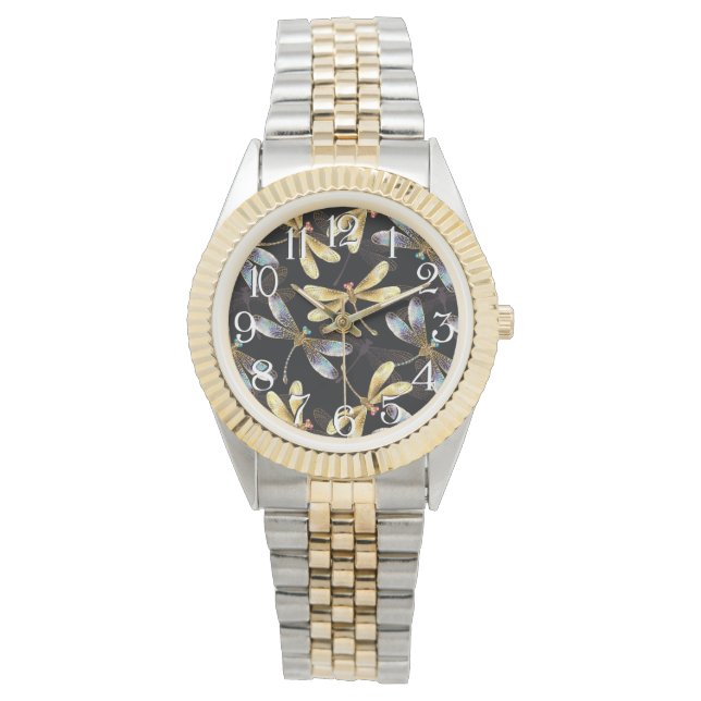 Seamless Pattern with Golden Dragonflies Watch (Front)