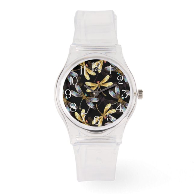 Seamless Pattern with Golden Dragonflies Watch (Front)