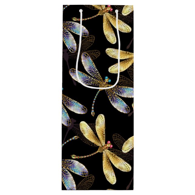 Seamless Pattern with Golden Dragonflies Wine Gift Bag (Front)