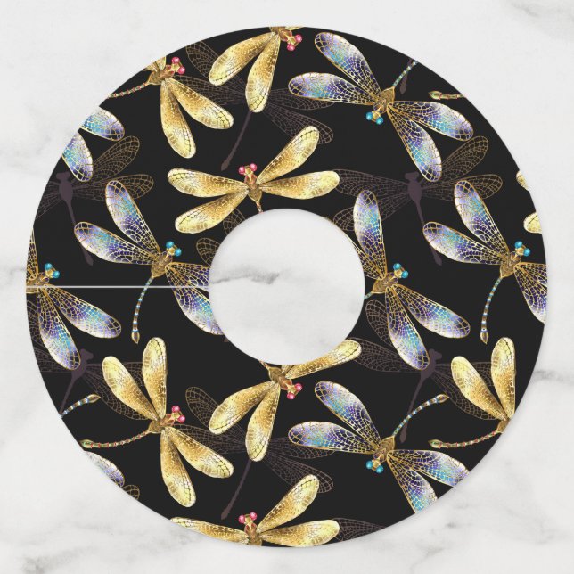 Seamless Pattern with Golden Dragonflies Wine Glass Tag (Front)