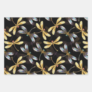 Seamless Pattern with Golden Dragonflies Wrapping Paper Sheet
