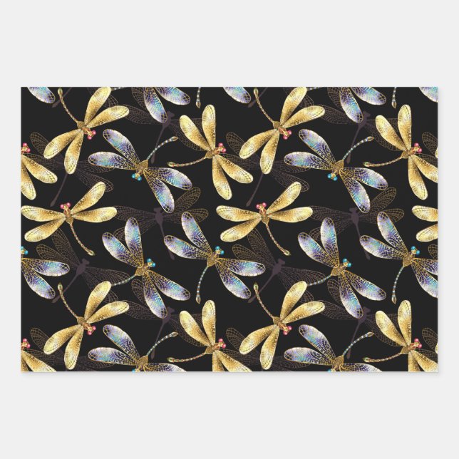 Seamless Pattern with Golden Dragonflies Wrapping Paper Sheet (Front)