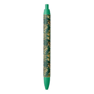 Seamless pattern with golden ferns black ink pen