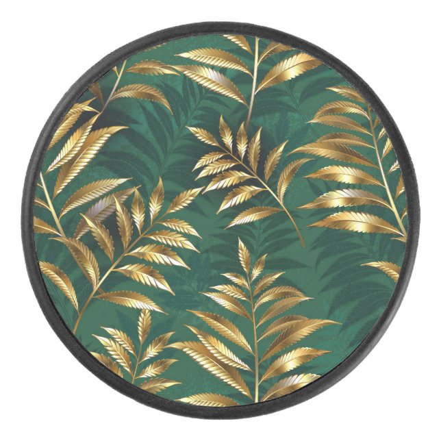 Seamless pattern with golden ferns hockey puck (Front)