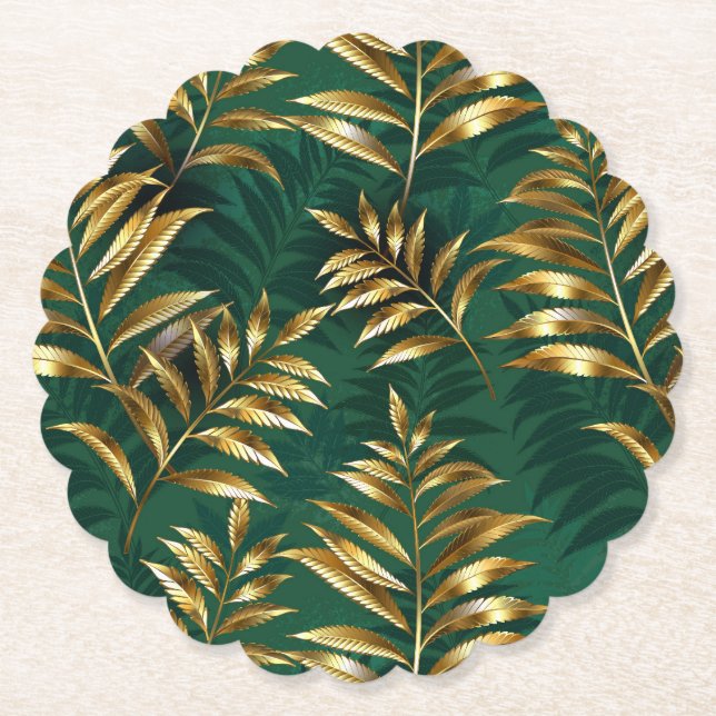 Seamless pattern with golden ferns paper coaster (Front)